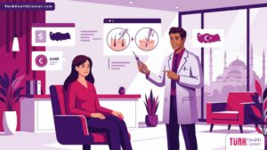 رسم توضيحي لعيادة طبية فاخرة يشرح فيها الطبيب للمريض تفاصيل تكلفة زراعة الشعر بتقنية DHI في تركيا 