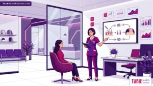 رسم توضيحي لطبيب يشرح تفاصيل تكلفة زراعة الشعر بتقنية FUE في تركيا للمريض داخل عيادة حديثة 