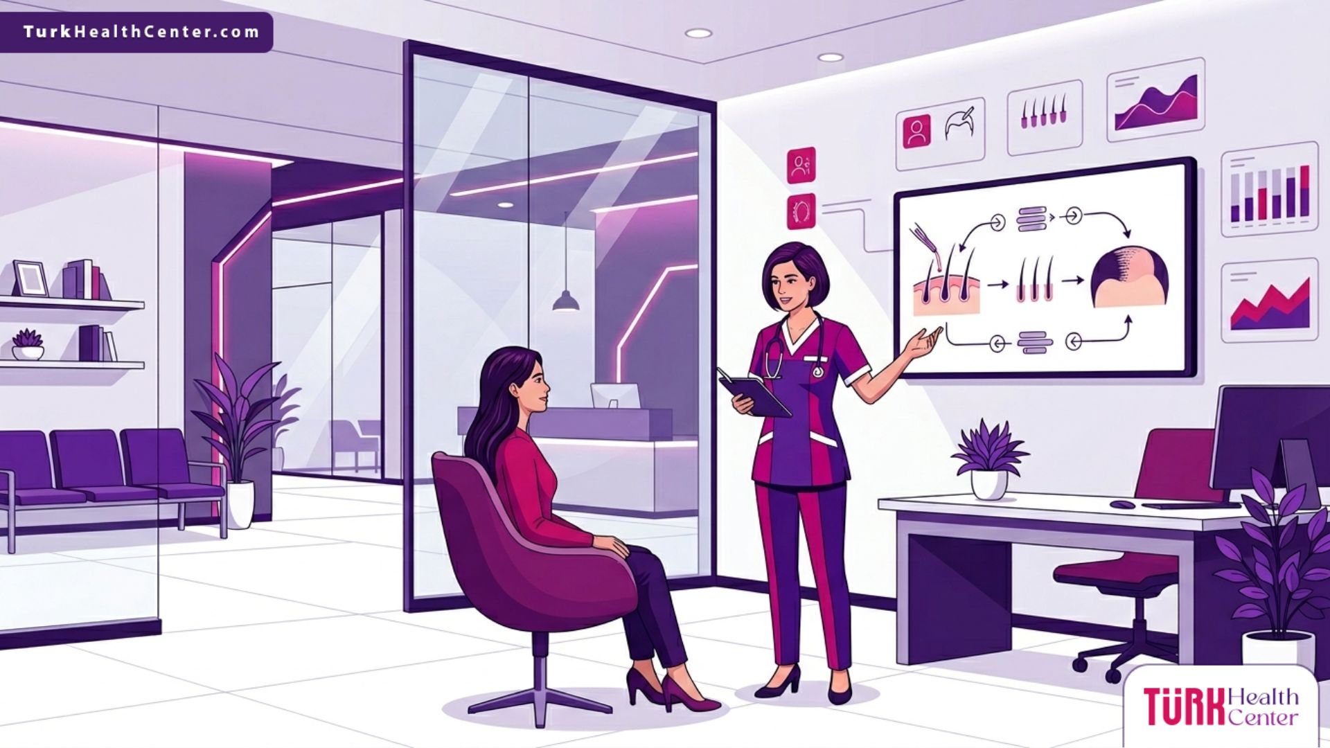 رسم توضيحي لطبيب يشرح تفاصيل تكلفة زراعة الشعر بتقنية FUE في تركيا للمريض داخل عيادة حديثة 