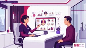 طبيب يشرح تفاصيل تكلفة زراعة الشعر في تركيا لمريض داخل عيادة طبية حديثة