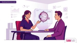 رسوم توضيحية فخمة لطبيب يشرح إجراءات تكلفة زراعة العدسات الداخلية في تركيا لمريض في عيادة حديثة 