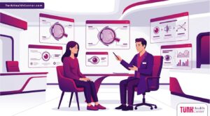رسم توضيحي يظهر طبيب عيون يشرح تفاصيل تكلفة زراعة العدسات في تركيا للمريض داخل عيادة فاخرة 