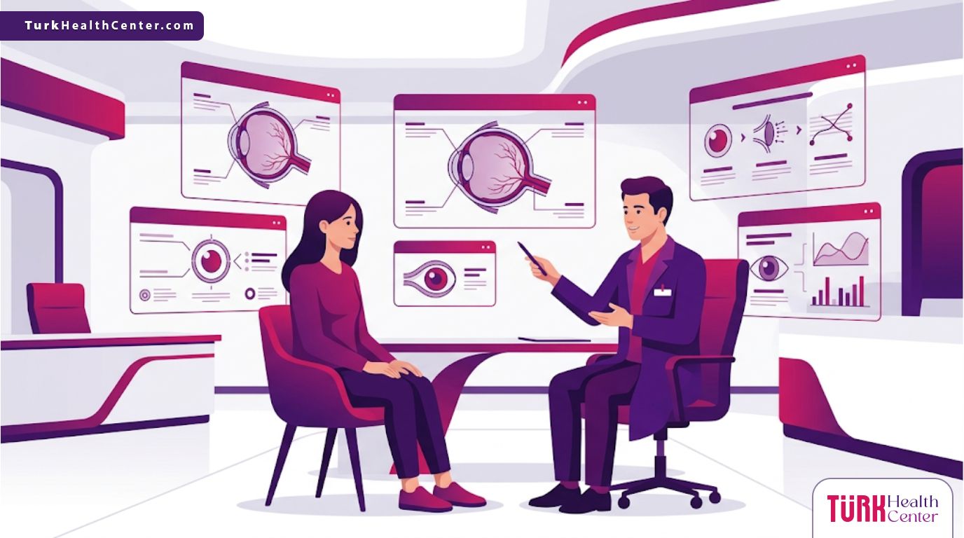 رسم توضيحي يظهر طبيب عيون يشرح تفاصيل تكلفة زراعة العدسات في تركيا للمريض داخل عيادة فاخرة