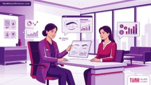 رسم توضيحي لعيادة طبية فاخرة تشرح تكلفة زراعة شعر الحواجب في تركيا للمرضى بأسلوب عصري