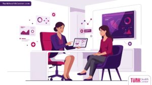 رسم توضيحي يظهر طبيباً يشرح تفاصيل تكلفة شد الجسم السفلي في تركيا لمريض داخل عيادة طبية فاخرة 