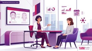 رسم توضيحي عصري يظهر طبيب يشرح تفاصيل تكلفة عملية شد الوجه في تركيا لمريض في عيادة فاخرة 