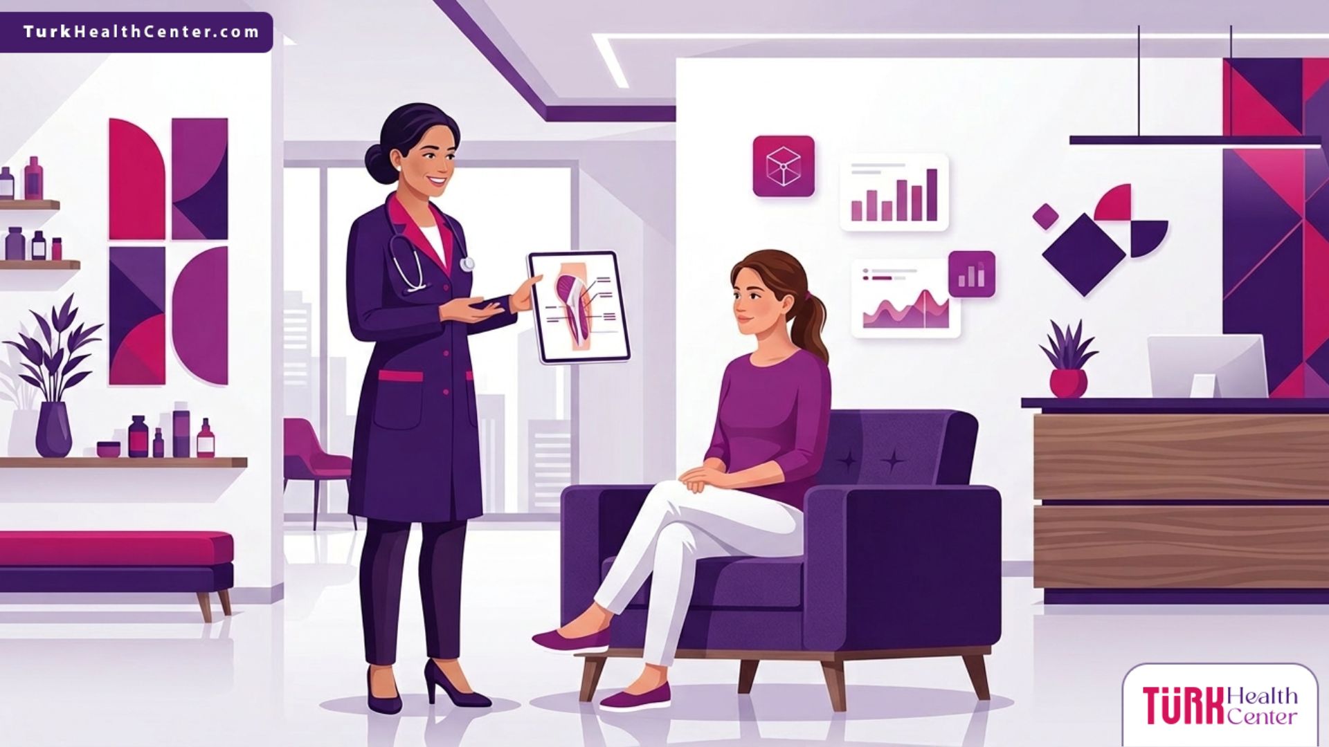 رسم فيكتور حديث لطبيب يشرح تفاصيل تكلفة شفط دهون الأفخاذ لمريض في عيادة تجميل فاخرة