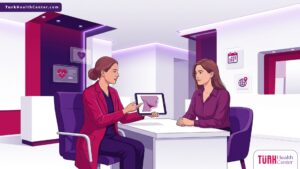 رسم توضيحي لعيادة طبية حديثة يشرح فيها الطبيب تفاصيل تكلفة شفط دهون الذقن في تركيا للمريض 