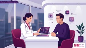 توضيح رسومي لعيادة طبية حديثة يشرح فيها الطبيب تفاصيل تكلفة شفط دهون بالتقنية الحديثة للمريض بألوان متناسقة 