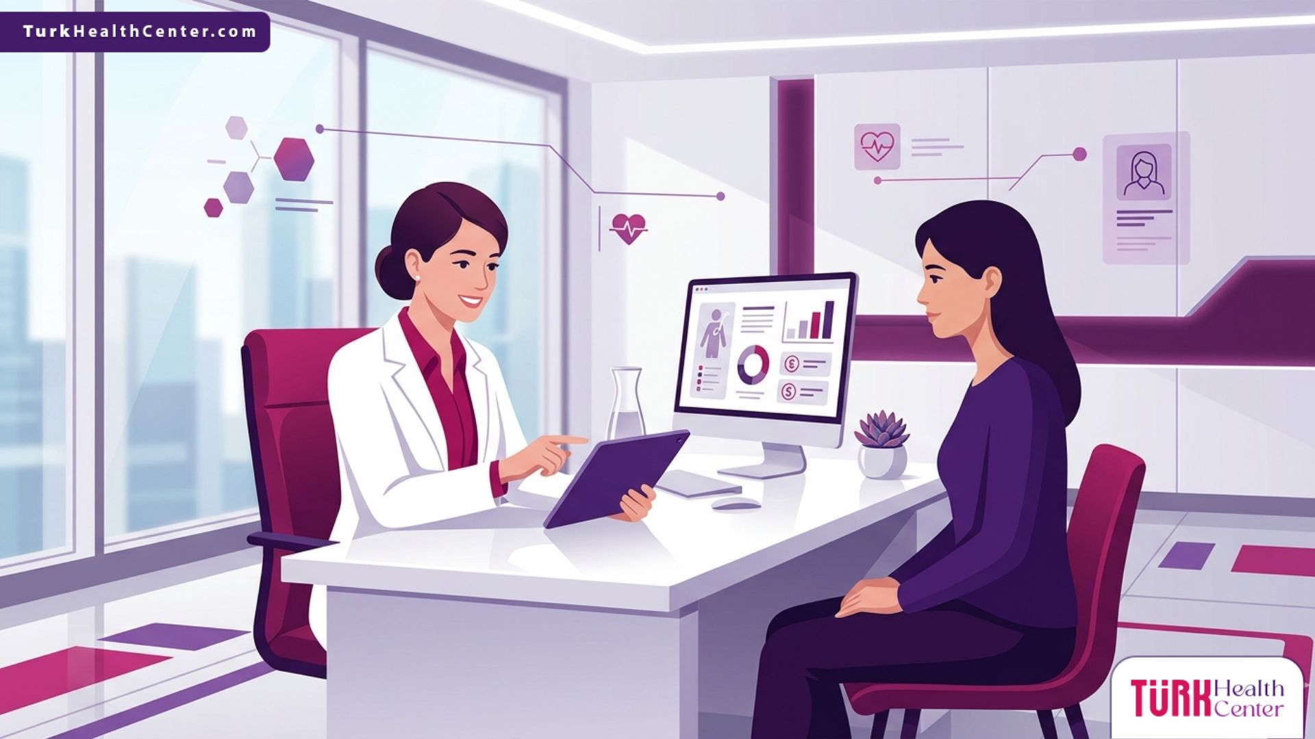رسم توضيحي يظهر طبيباً يشرح تفاصيل تكلفة عمليات التجميل في تركيا لمريض داخل عيادة فاخرة 