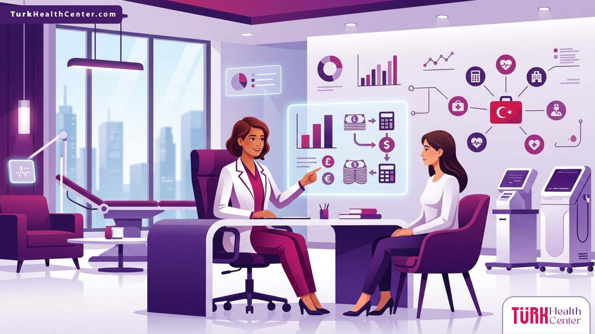 رسم توضيحي طبي عالي الدقة لطبيب يشرح تفاصيل تكلفة عملية الساسي في تركيا للمريض داخل عيادة فاخرة 