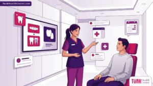 رسم توضيحي لعيادة طب أسنان تشرح تفاصيل تكلفة فينير الأسنان في تركيا