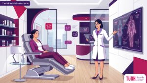 رسم توضيحي يظهر طبيب يشرح تفاصيل تكلفة نحت الجسم بدون جراحة للمريض في عيادة فاخرة 