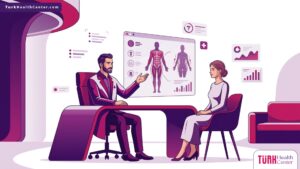 رسم توضيحي يظهر طبيباً يشرح تفاصيل تكلفة نحت الجسم رباعي الأبعاد لمريض داخل عيادة طبية فاخرة 