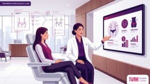 توضيح رسومي لعيادة تجميل حديثة وطبيب يشرح تفاصيل تكلفة نحت الجسم في تركيا للمريض 
