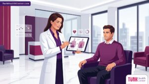 رسم توضيحي يظهر طبيباً يشرح تفاصيل تكلفة نحت الجسم للرجال لمريض داخل عيادة حديثة 