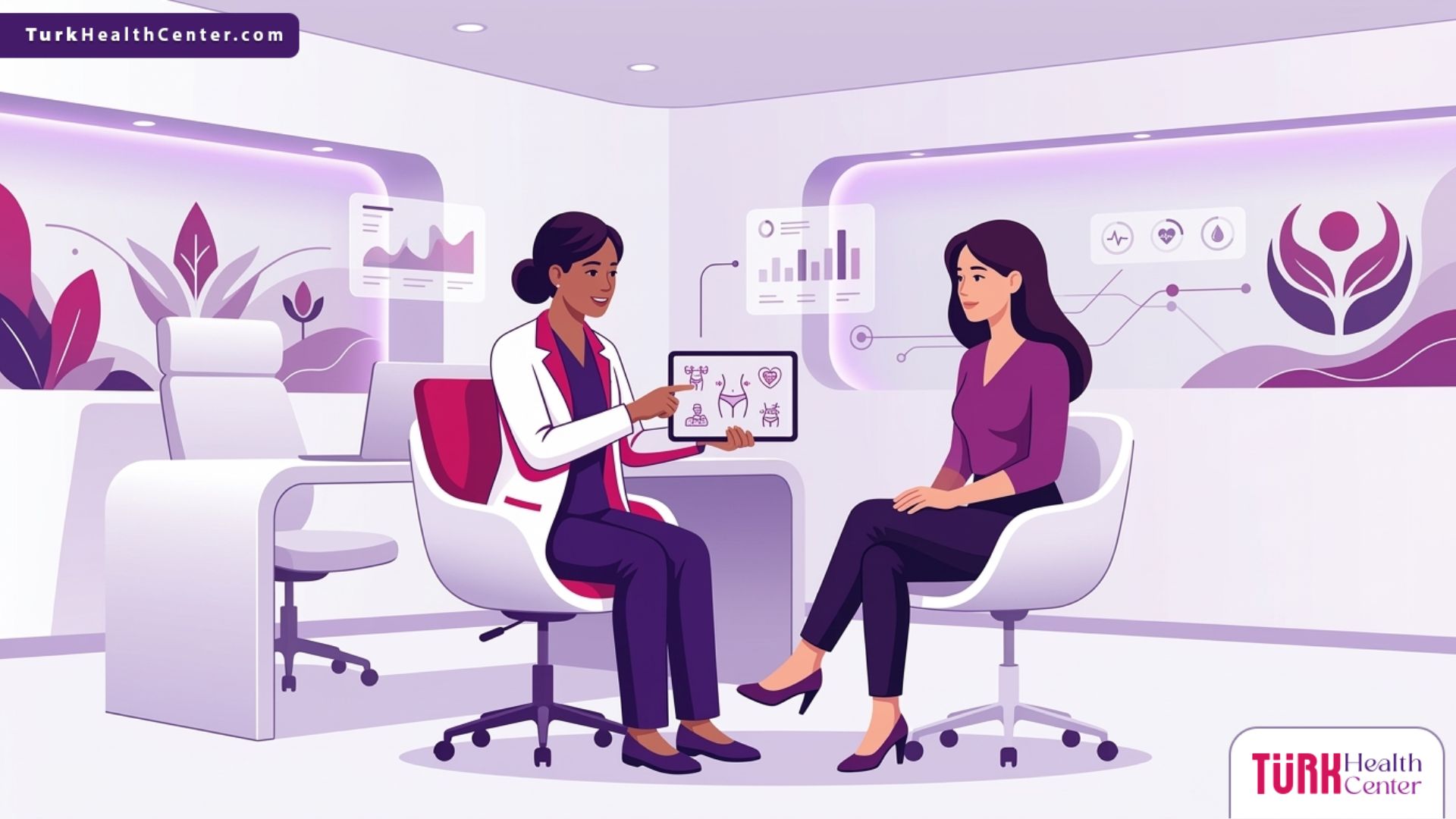 رسم توضيحي لعيادة طبية فاخرة يشرح فيها الطبيب تفاصيل تكلفة نحت الجسم للنساء 