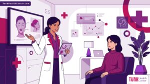 رسم توضيحي يبرز استشارة طبية راقية في عيادة حديثة حول جراحة التجميل في تركيا