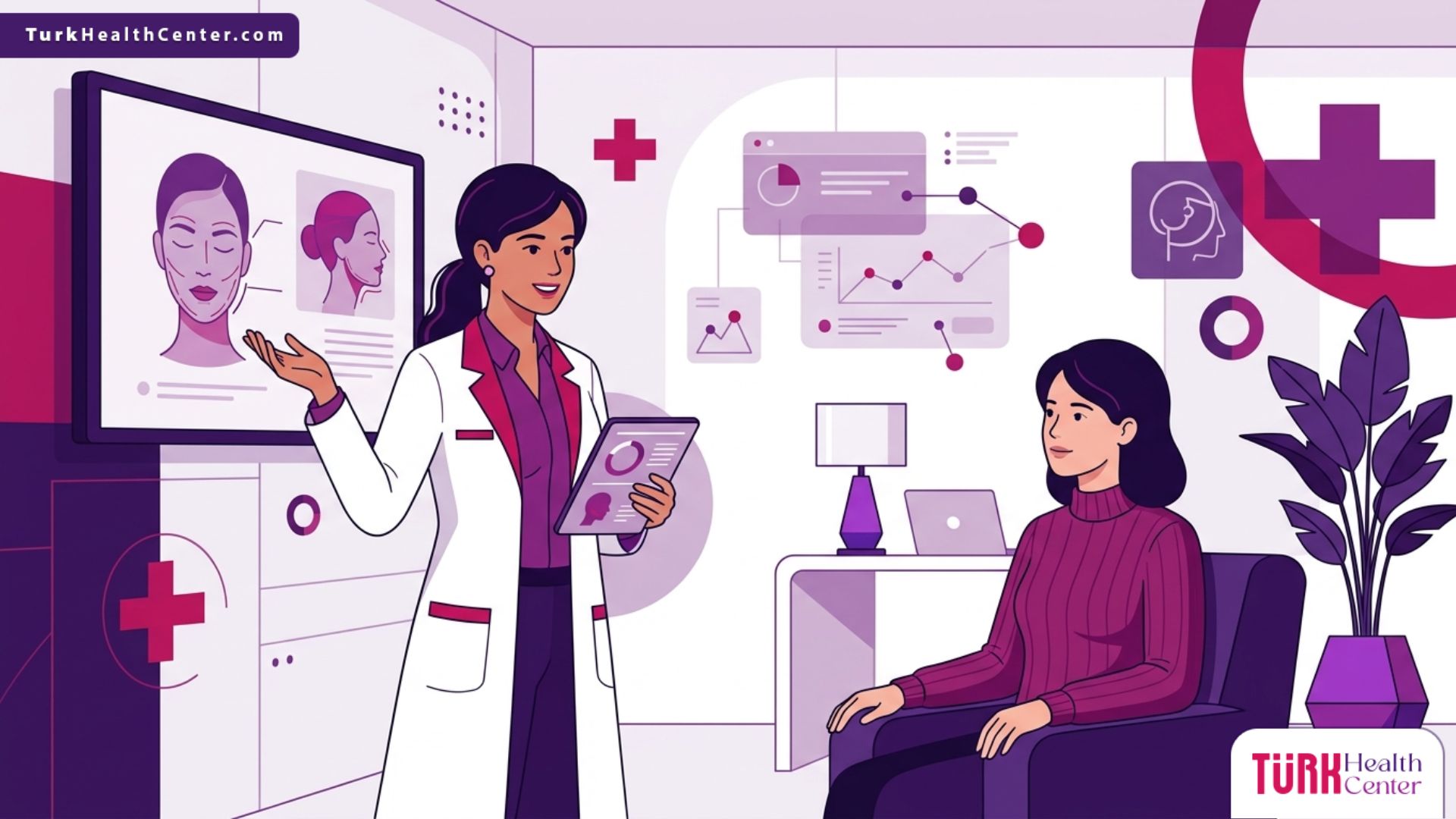 رسم توضيحي يبرز استشارة طبية راقية في عيادة حديثة حول جراحة التجميل في تركيا