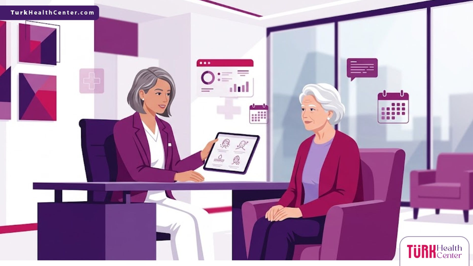 رسوم توضيحية لعيادة طبية حديثة تشرح إجراءات عمليات التجميل كبار السن لتعزيز نضارة البشرة 