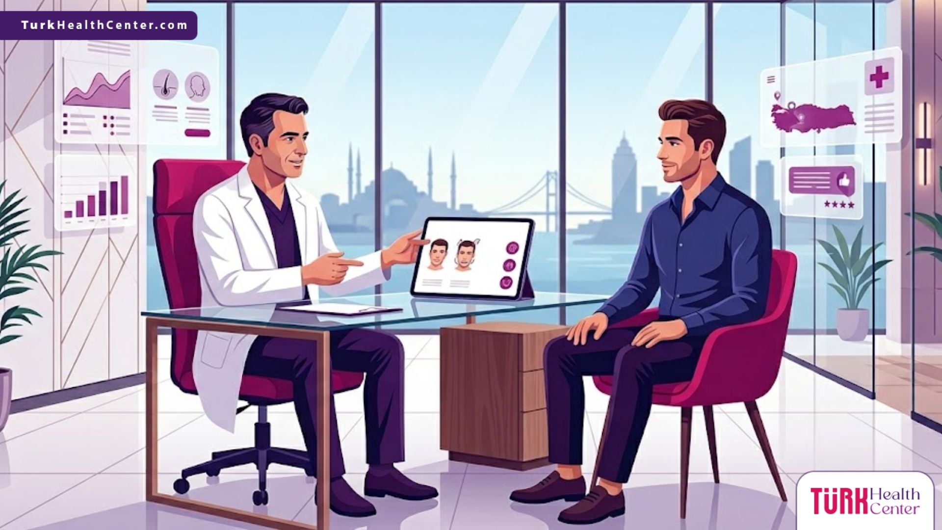 رسم توضيحي يظهر طبيب تجميل يشرح إجراءات عمليات تجميل الرجال في تركيا لمريض في عيادة فاخرة 