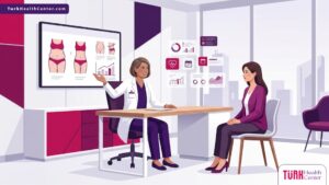 رسم توضيحي يظهر طبيبًا يشرح خطوات جراحة تجميل ما بعد فقدان الوزن لمريض في عيادة فاخرة 