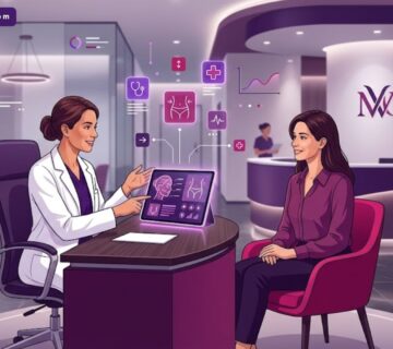 رسم توضيحي عصري يظهر طبيبًا يشرح تفاصيل عمليات التجميل والتعديل على الشكل لمريض في عيادة فاخرة بألوان أرجوانية وتصميم فيكتور 