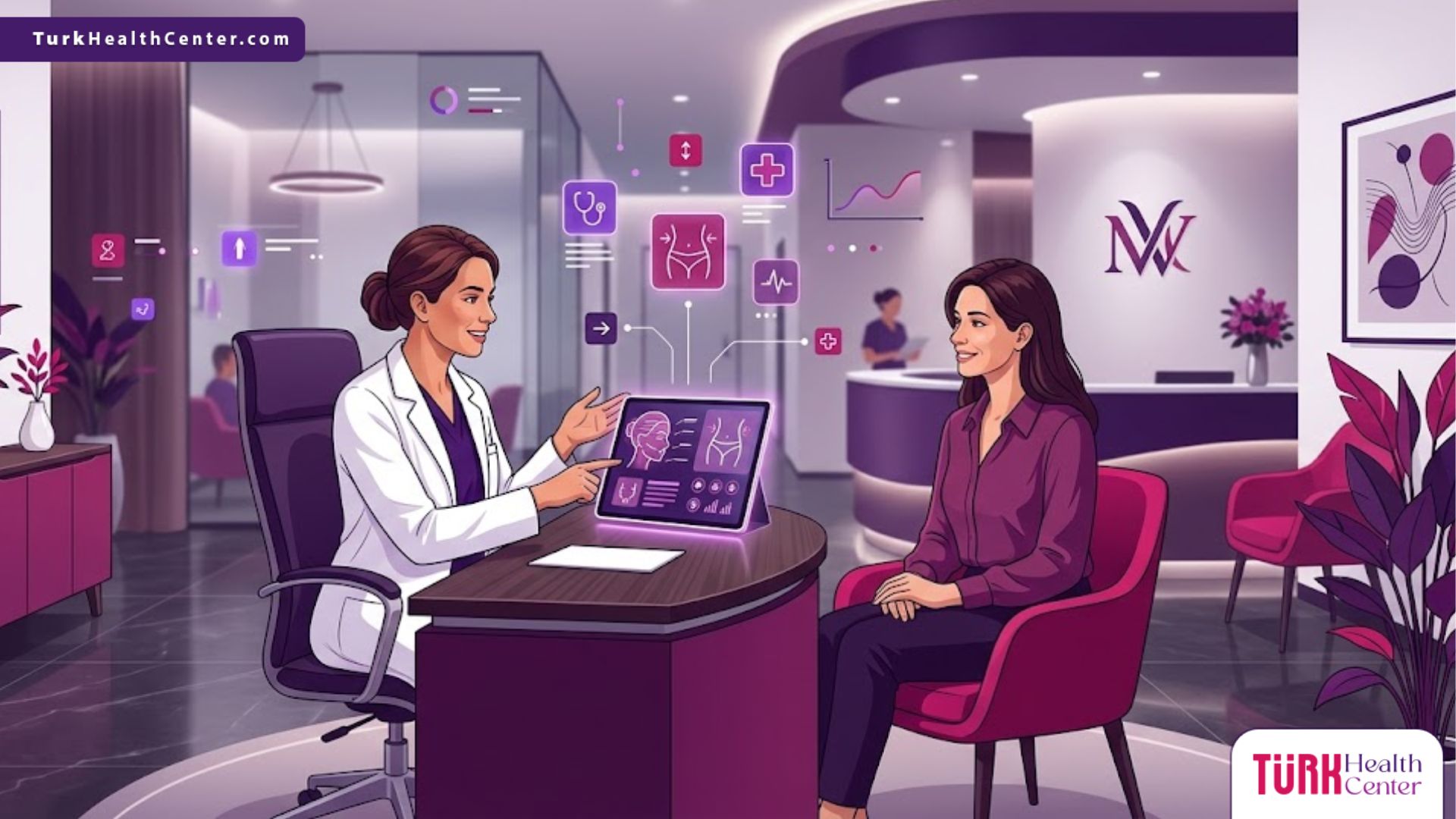 رسم توضيحي عصري يظهر طبيبًا يشرح تفاصيل عمليات التجميل والتعديل على الشكل لمريض في عيادة فاخرة بألوان أرجوانية وتصميم فيكتور 