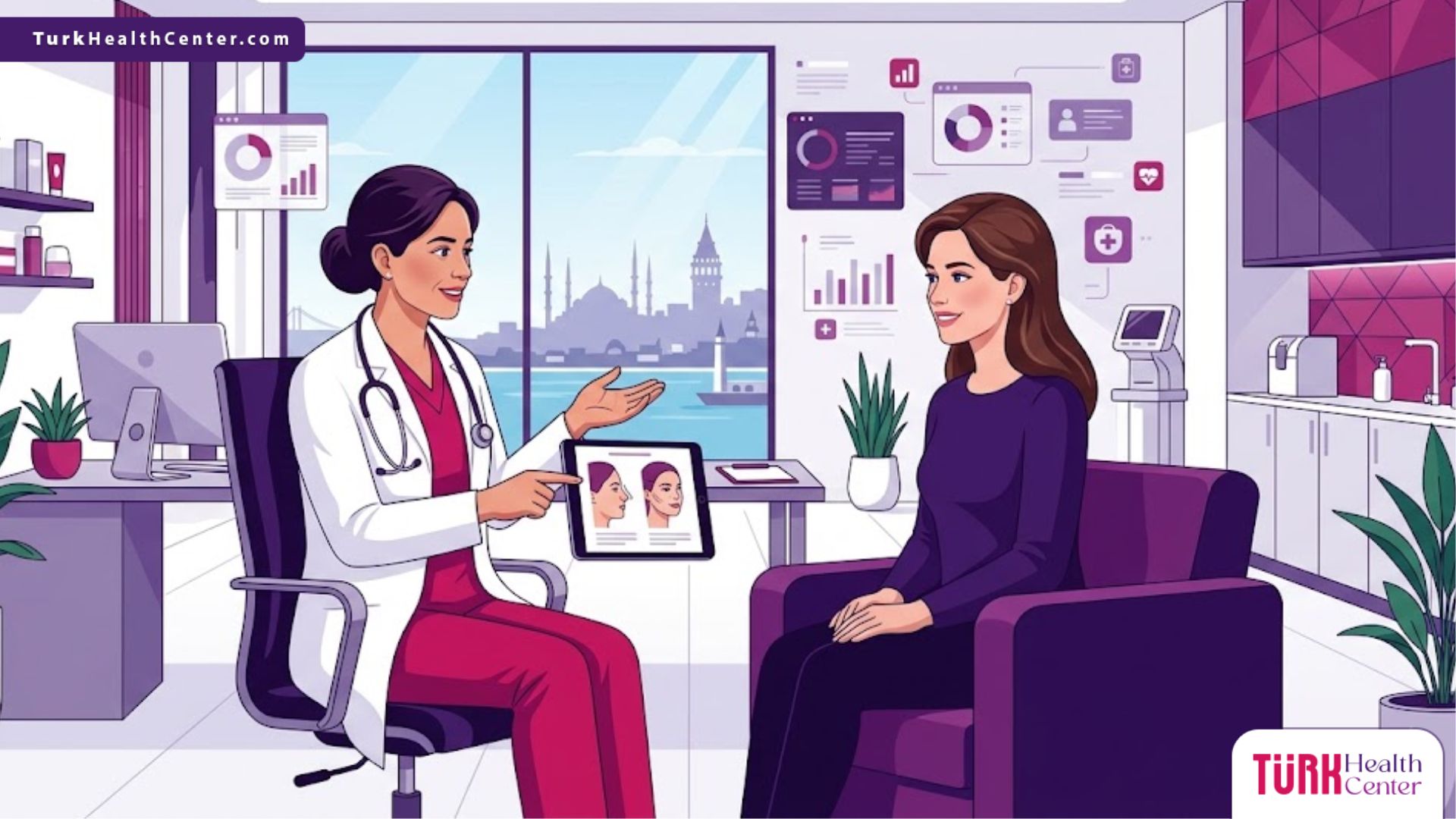 رسم توضيحي عصري يظهر طبيباً يشرح تفاصيل عمليات التجميل الجراحية في تركيا لمريض في عيادة فاخرة 