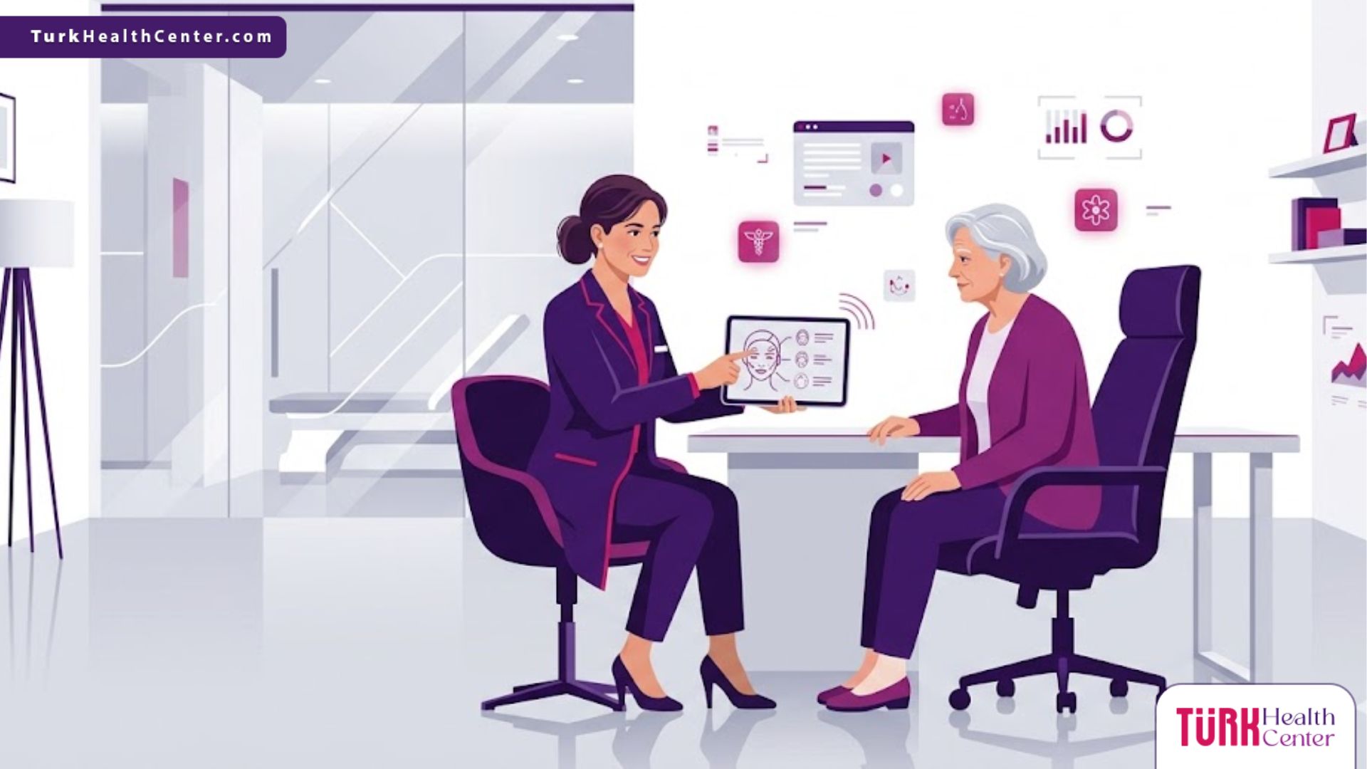 رسم توضيحي عصري لعيادة طبية فاخرة يشرح فيها الطبيب إجراءات عمليات تجميل كبار السن لمريض بأسلوب فيكتور احترافي 