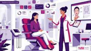 رسم توضيحي يظهر طبيباً يشرح خطوات جراحة التجميل والترميم لمريض في عيادة فاخرة 