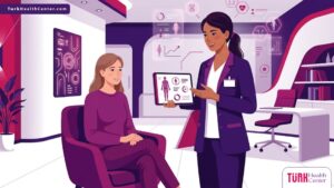 رسم توضيحي يظهر طبيب يشرح إجراءات عمليات التجميل بعد فقدان الوزن لمريضة داخل عيادة فاخرة بأسلوب فيكتور عصري 