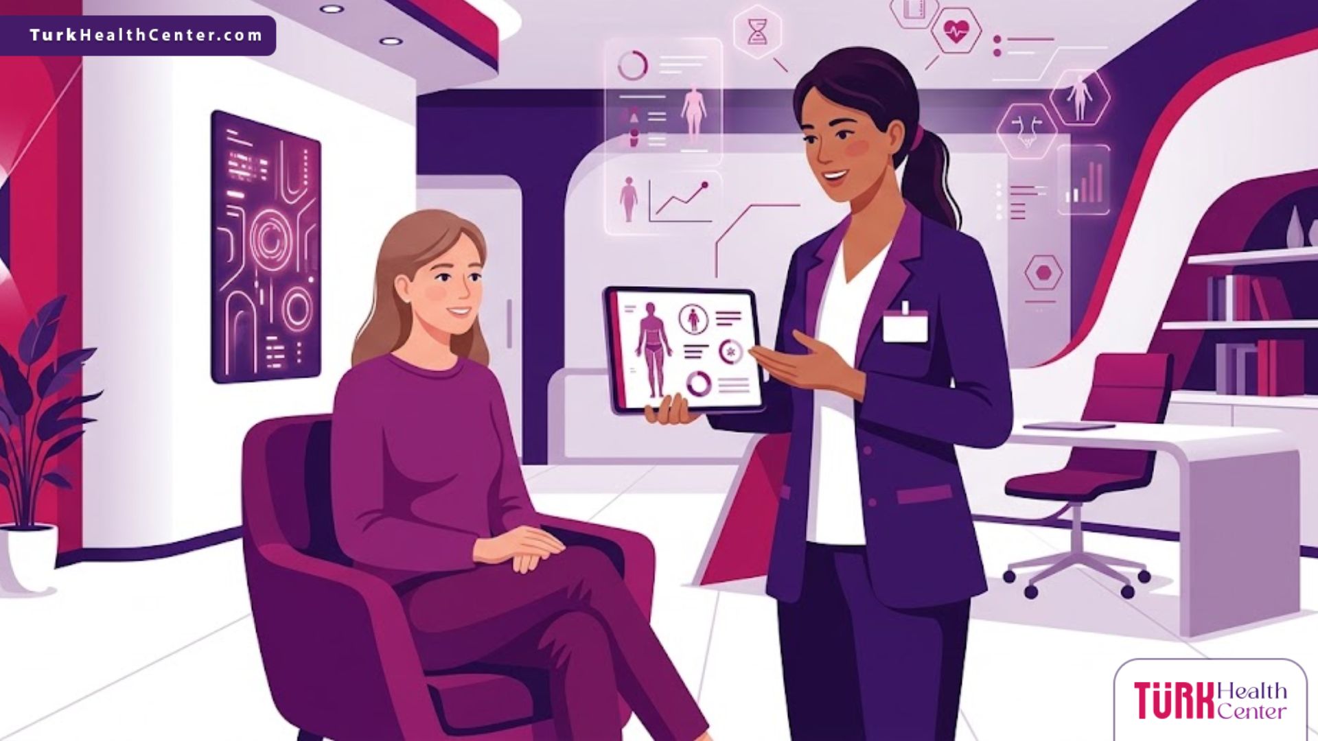 رسم توضيحي يظهر طبيب يشرح إجراءات عمليات التجميل بعد فقدان الوزن لمريضة داخل عيادة فاخرة بأسلوب فيكتور عصري 