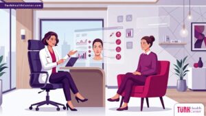 رسم توضيحي يظهر طبيبًا يشرح سبل الوقاية من مخاطر عمليات التجميل لمريض داخل عيادة فاخرة 