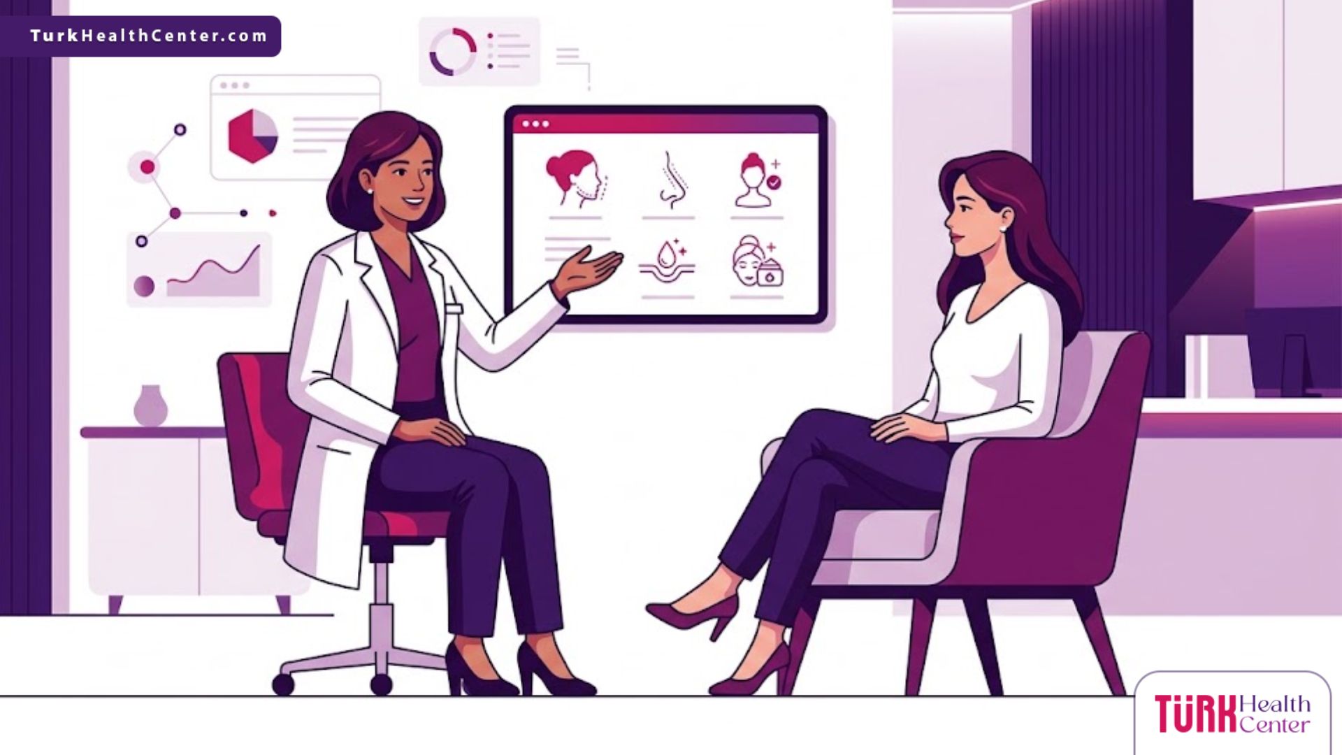 رسم توضيحي فيكتور لعيادة طبية حديثة يشرح فيها الطبيب تفاصيل عمليات التجميل في تركيا للمريض 