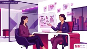 رسم توضيحي يظهر طبيباً يشرح معايير الأمان والإجابة على تساؤل هل عمليات التجميل خطيرة لمريض في عيادة حديثة 