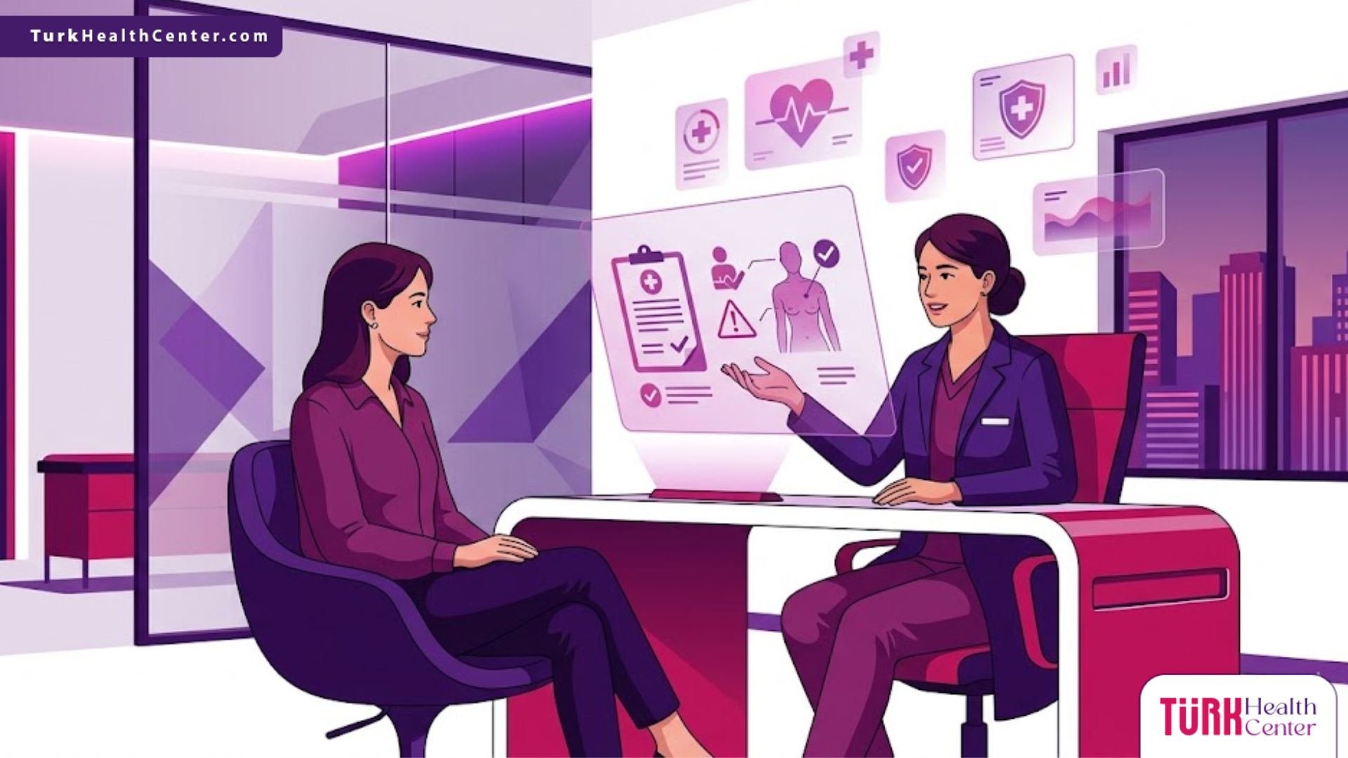 رسم توضيحي يظهر طبيباً يشرح معايير الأمان والإجابة على تساؤل هل عمليات التجميل خطيرة لمريض في عيادة حديثة