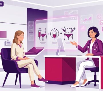 رسم توضيحي يظهر طبيب تجميل يشرح تفاصيل حقن الدهون في تركيا لمريض في عيادة فاخرة بألوان متناسقة 