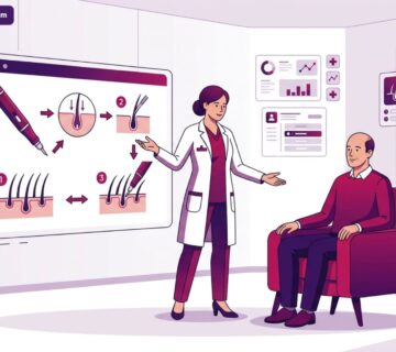 طبيب يشرح تفاصيل زراعة الشعر بتقنية DHI في تركيا لمريض داخل عيادة طبية فاخرة 