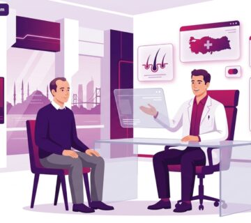 رسم توضيحي طبي متقدم يظهر استشارة في عيادة فاخرة حول زراعة الشعر في تركيا