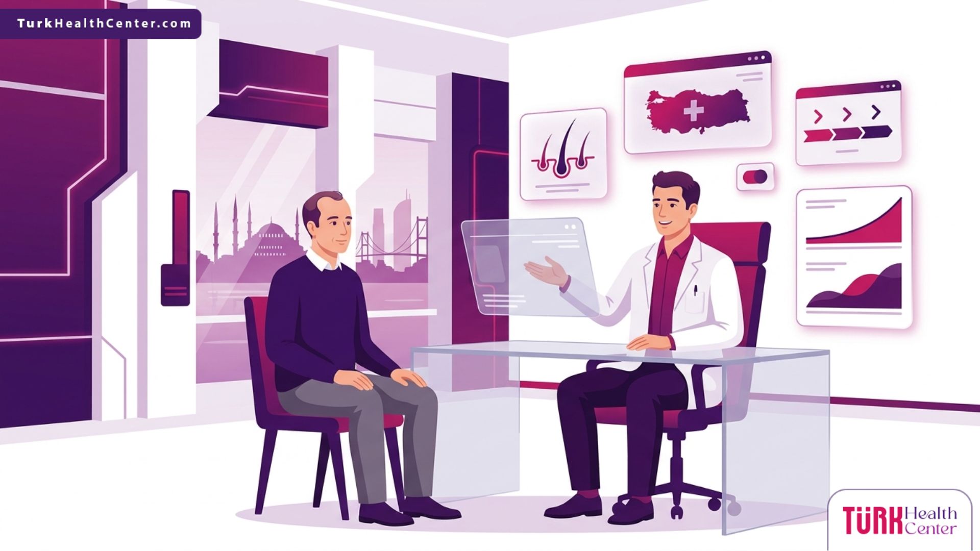 رسم توضيحي طبي متقدم يظهر استشارة في عيادة فاخرة حول زراعة الشعر في تركيا