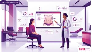 رسوم توضيحية لعيادة طبية حديثة يشرح فيها الطبيب تفاصيل تتعلق بـ تكلفة نحت البطن في تركيا للمريض 