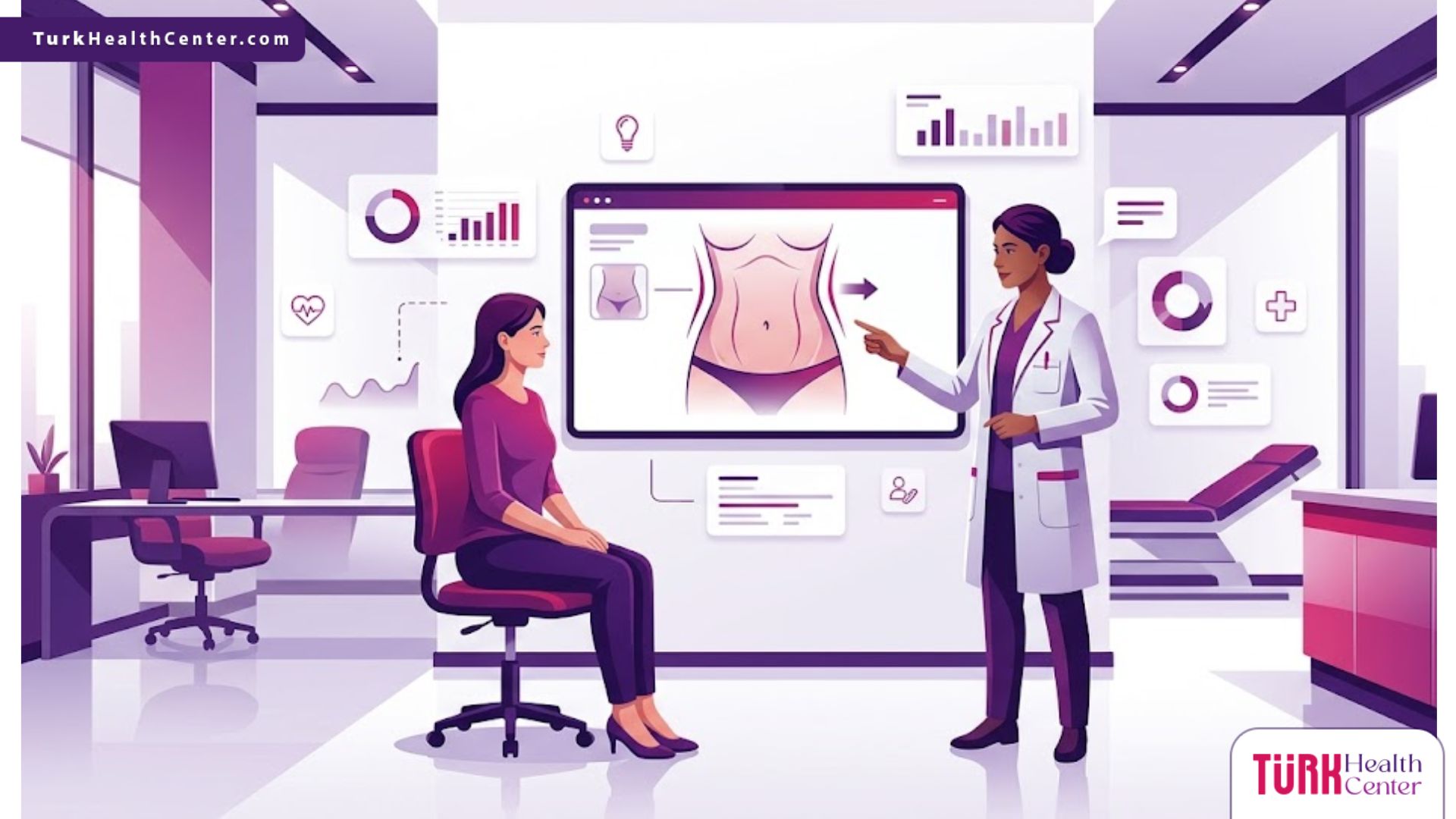 رسوم توضيحية لعيادة طبية حديثة يشرح فيها الطبيب تفاصيل تتعلق بـ تكلفة نحت البطن في تركيا للمريض 