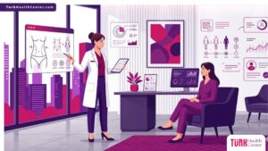 رسم توضيحي عصري يظهر طبيب يشرح تفاصيل تكلفة شد البطن الكامل لمريض في عيادة فاخرة 