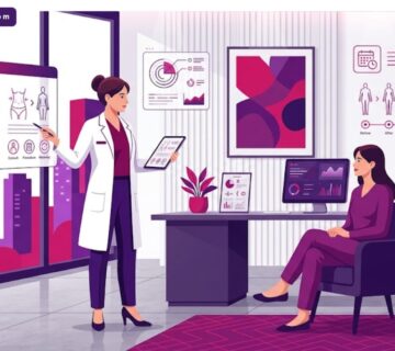 رسم توضيحي عصري يظهر طبيب يشرح تفاصيل تكلفة شد البطن الكامل لمريض في عيادة فاخرة 