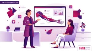 رسم توضيحي فني يظهر طبيباً يشرح إجراءات تكلفة نحت الذراعين في تركيا لمريضة داخل عيادة فاخرة 