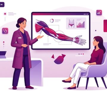 رسم توضيحي فني يظهر طبيباً يشرح إجراءات تكلفة نحت الذراعين في تركيا لمريضة داخل عيادة فاخرة 