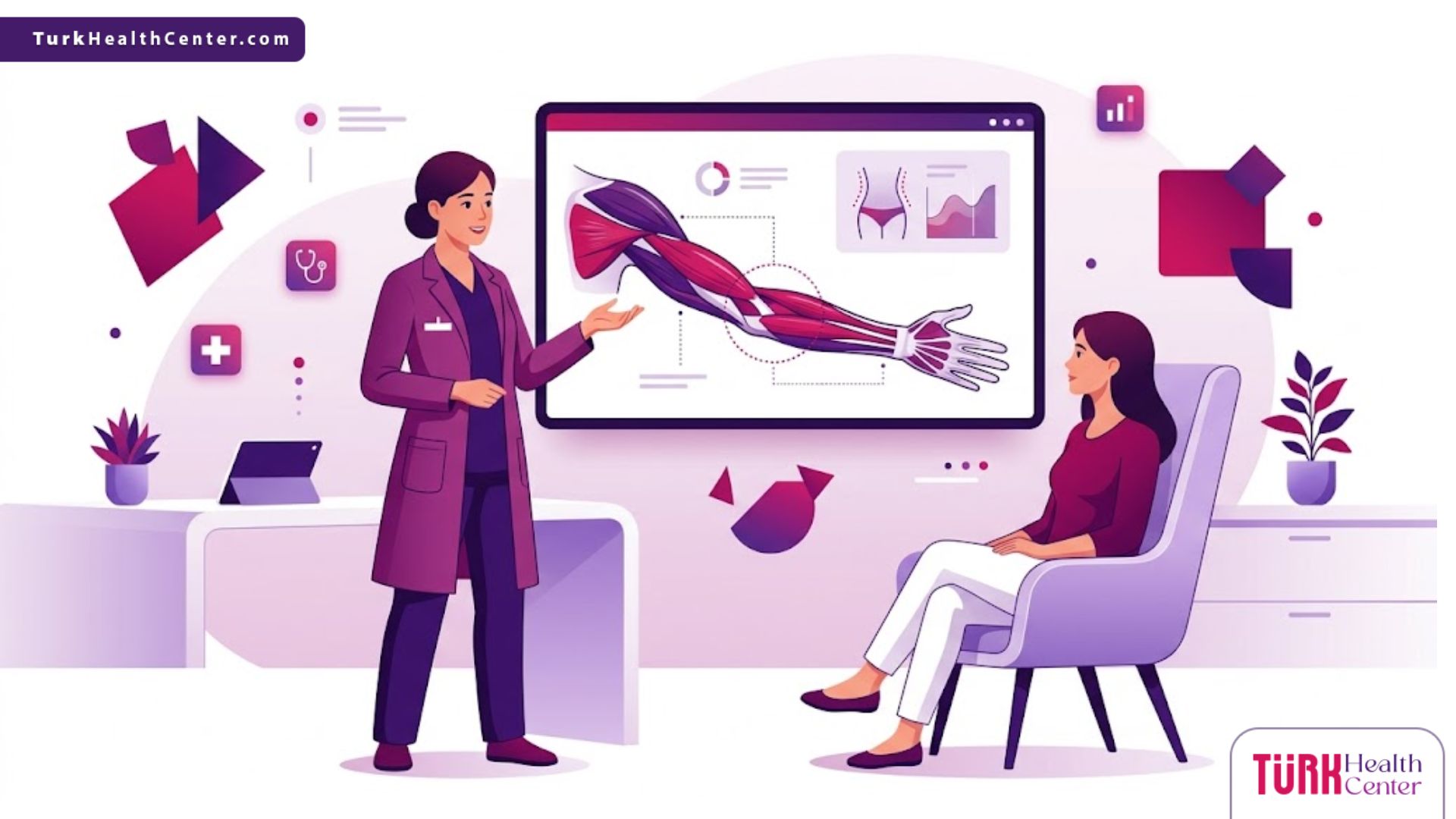 رسم توضيحي فني يظهر طبيباً يشرح إجراءات تكلفة نحت الذراعين في تركيا لمريضة داخل عيادة فاخرة