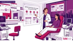 رسوم توضيحية فاخرة لطبيب يشرح إجراءات تكلفة نحت الأرداف في تركيا لمريض داخل عيادة عصرية 