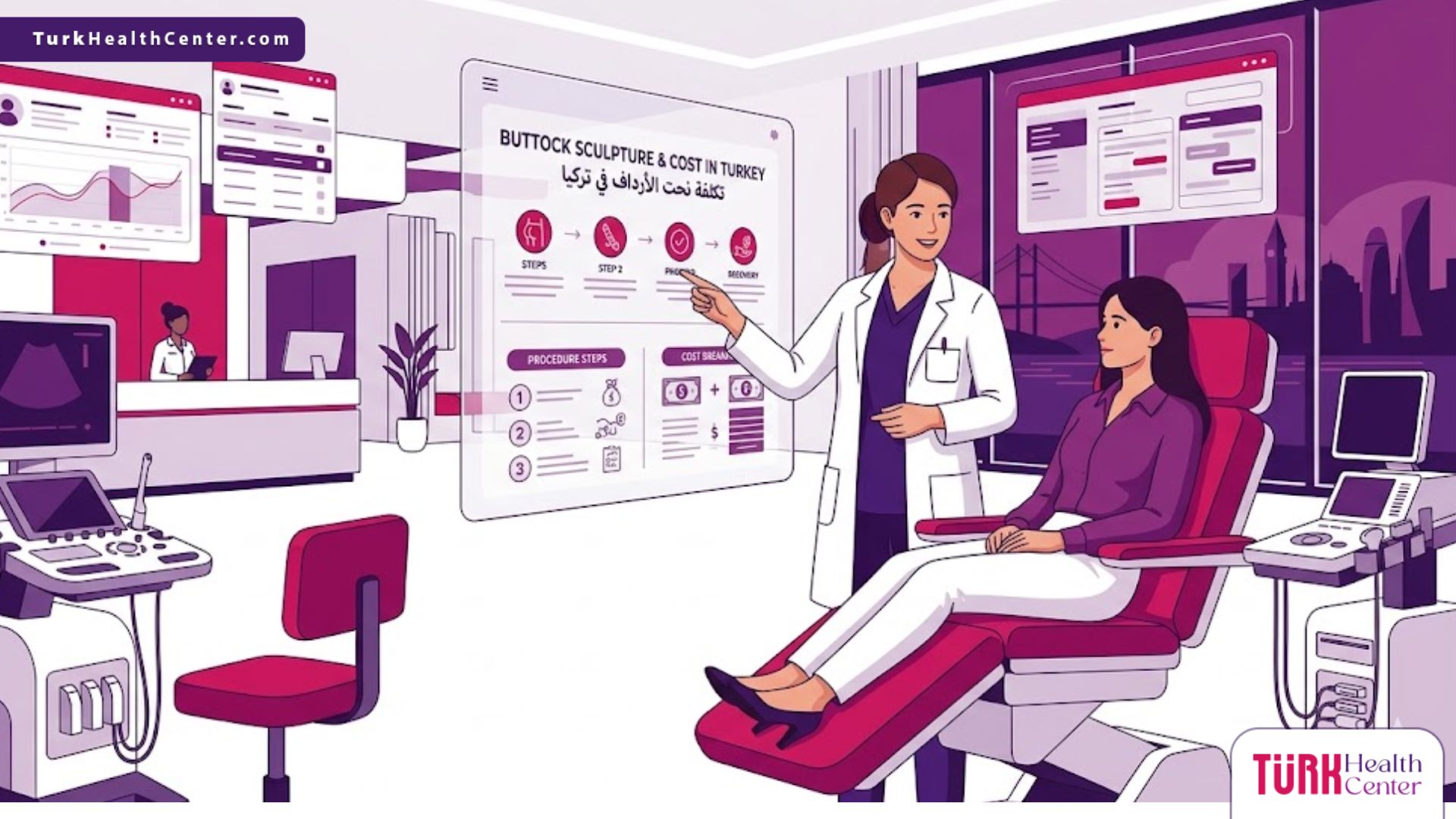 رسوم توضيحية فاخرة لطبيب يشرح إجراءات تكلفة نحت الأرداف في تركيا لمريض داخل عيادة عصرية 